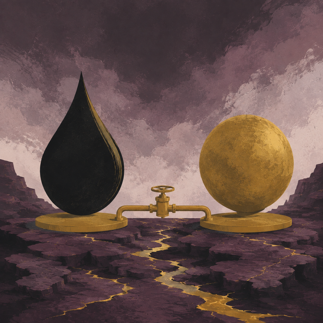 A glossy black oil drop connected by a gold valve to a sculptural gold sphere