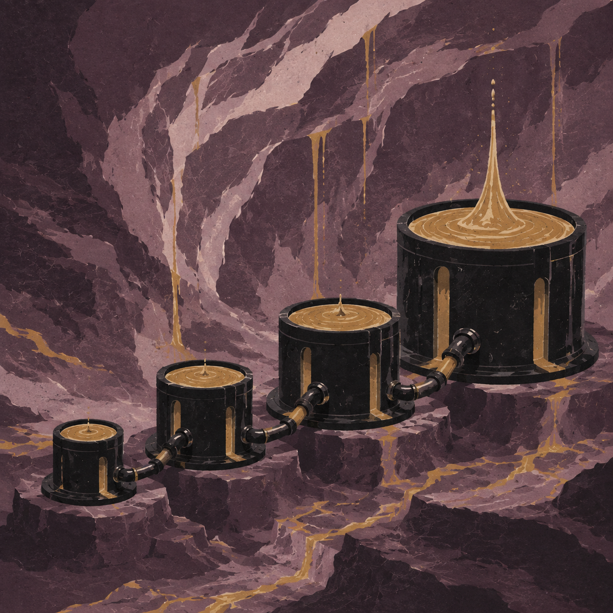 Four connected black reservoirs holding increasing amounts of glowing gold liquidity
