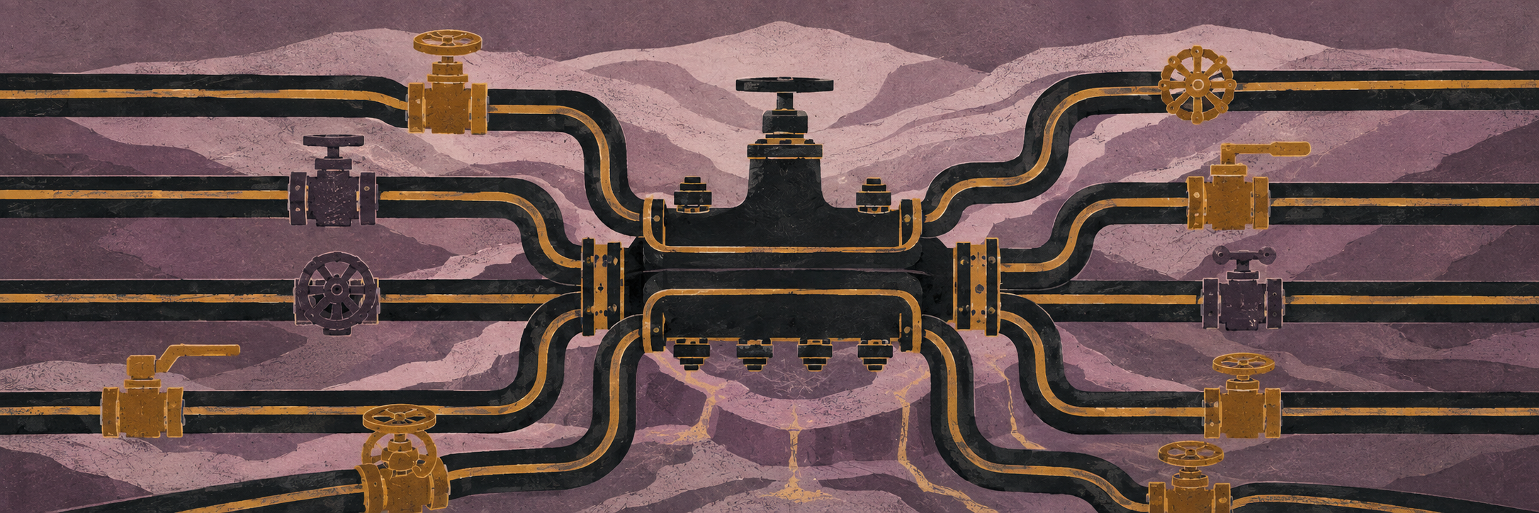 A dimensional network of black and gold pipelines converging on a central manifold