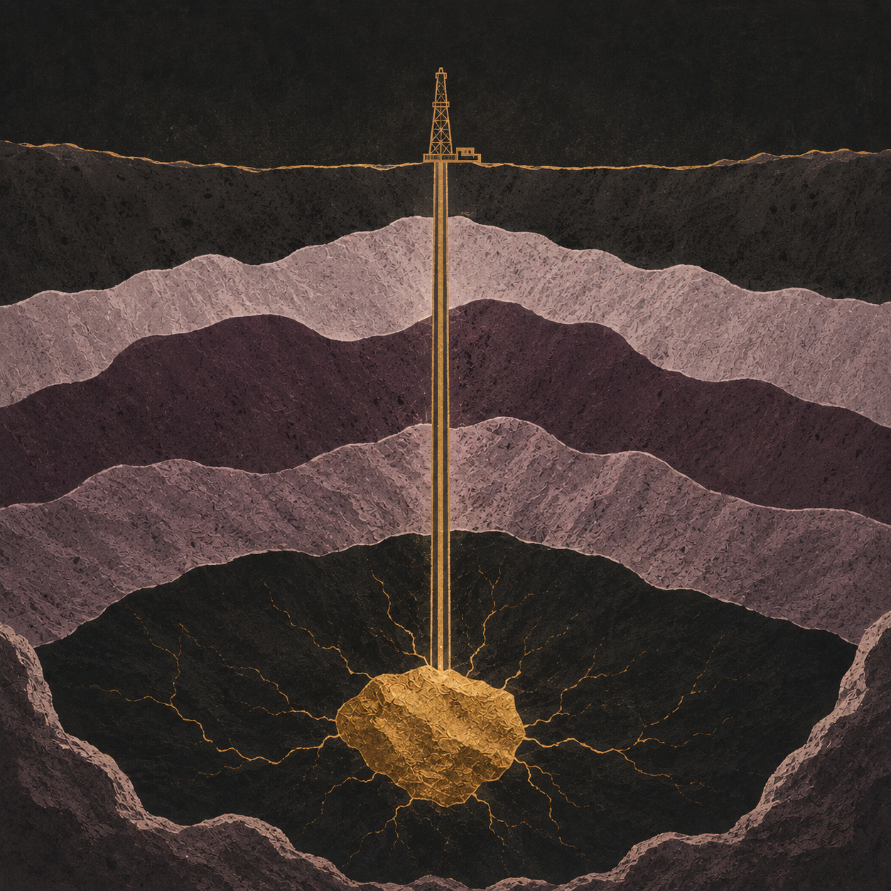 A cinematic geological cutaway with a gold-lit bore reaching an underground reserve