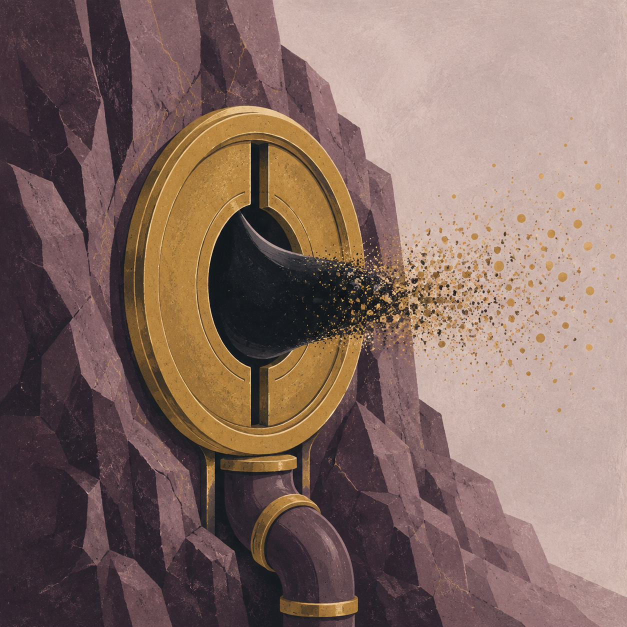 A black oil drop passing through a gold retirement seal and dissolving into particles