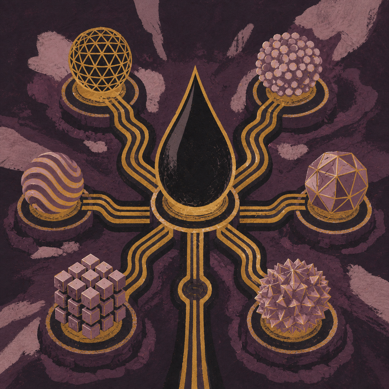 A central black oil drop routing gold-lit pipelines to multiple sculptural market nodes